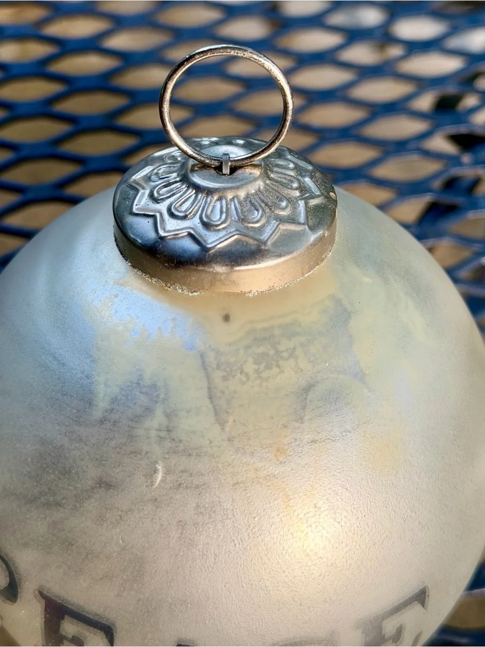 Vintage PEACE Holiday Glass Ornament - Silver White